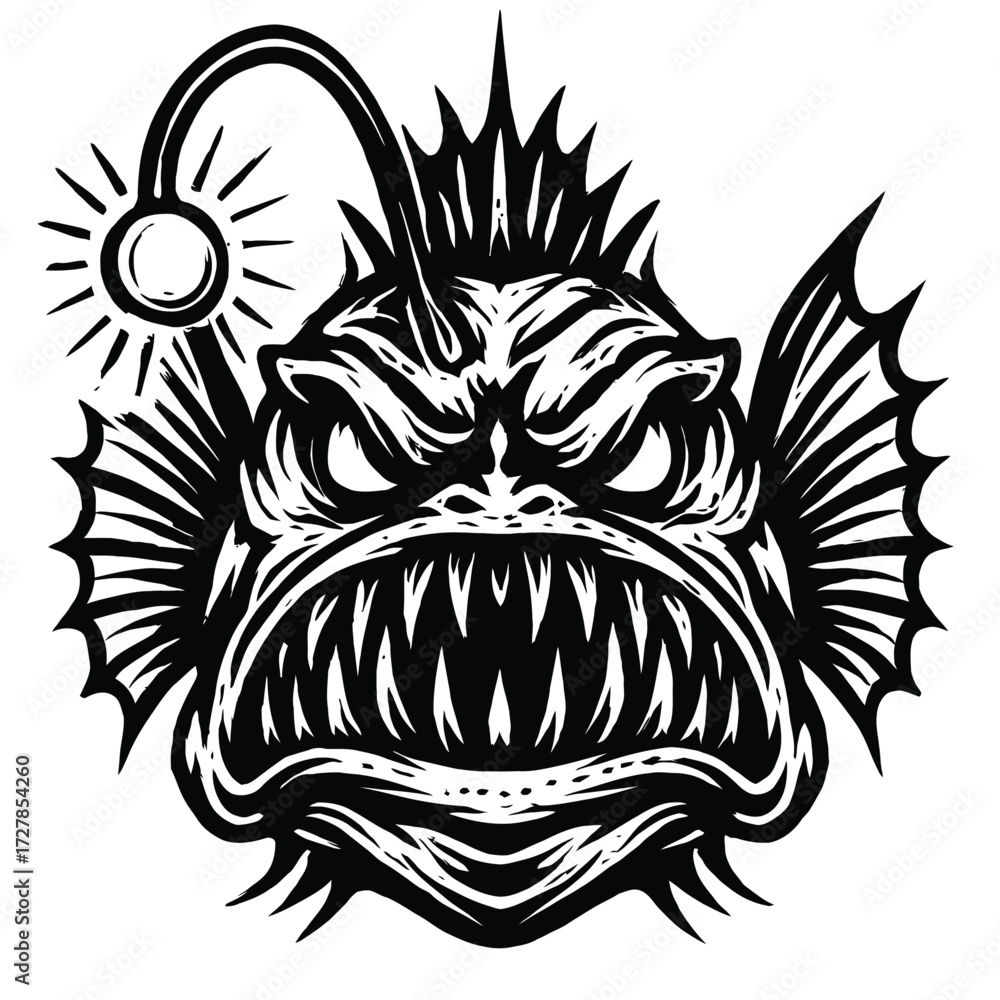 Fototapeta premium Ferocious Deep Sea Anglerfish Illustration with Menacing Sharp Teeth and Bioluminescent Lure, a Dark Marine Predator Vector Art Perfect for Tattoo Designs and Ocean Monster Themes!
