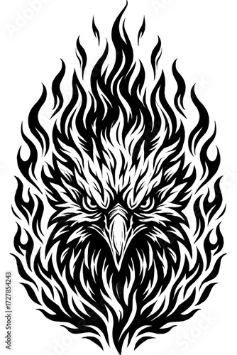 Intense Fiery Phoenix Eagle Head Tribal Art Illustration, a Striking Black and White Vector Graphic Depicting a Majestic Mythical Creature Engulfed in Dynamic Flames, Perfect for Tattoos, Apparel,