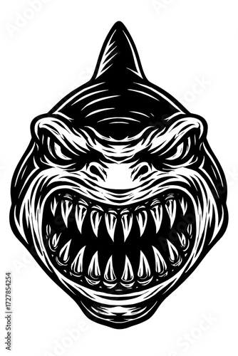 Aggressive Black and White Shark Head Illustration with Menacing Gaze and Razor-Sharp Teeth, a Powerful Vector Graphic Representing Untamed Oceanic Power, Ideal for Extreme Sports Logos, Tattoo De