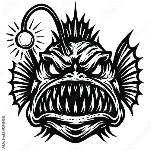 Ferocious Deep Sea Anglerfish Illustration with Menacing Sharp Teeth and Bioluminescent Lure, a Dark Marine Predator Vector Art Perfect for Tattoo Designs and Ocean Monster Themes!