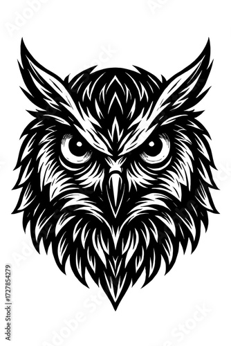 Majestic nocturnal hunter owl head art, bold black and white vector illustration, intricate feather details, wise eyes, powerful predatory bird symbol, ideal design for unique prints, tattoos, log