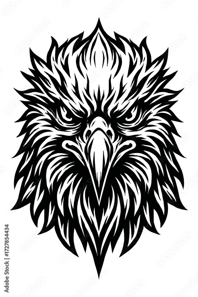 Obraz premium Majestic and Fierce Eagle Head Vector Art - A powerful black and white stylized illustration of an iconic bird of prey, showcasing intricate tribal feather details and a determined gaze, ideal for