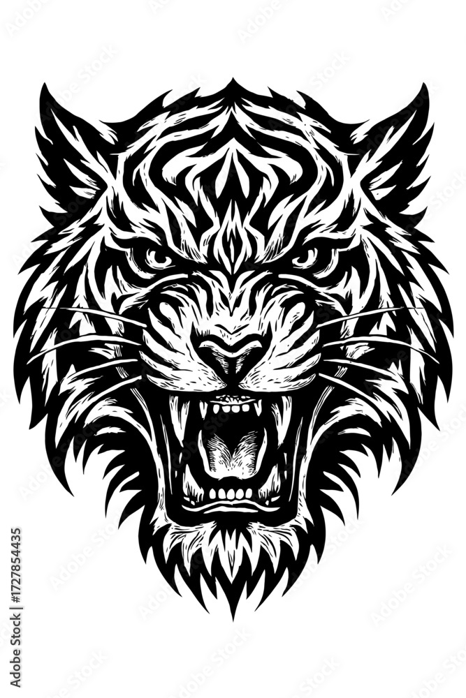 Obraz premium Powerful black and white stylized roaring tiger head illustration. A fierce, detailed big cat vector graphic, embodying untamed strength, wild majesty, and primal energy. Ideal for bold designs, s