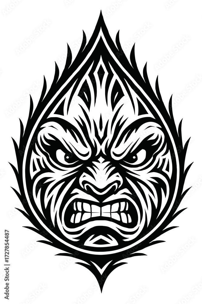 Obraz premium Intense tribal gorilla face vector art, fierce Polynesian ape warrior illustration, aggressive primate monster emblem design, black and white tattoo style graphic for a powerful mascot or bold log