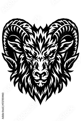 Intricate Tribal Ram Head Art: A Majestic and Fierce Stylized Black & White Illustration, Featuring Ornate Horns & Wild Details, Perfect for Tattoos, Logos & Bold Designs Showcasing Strength & Spi