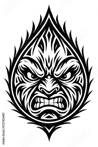 Intense tribal gorilla face vector art, fierce Polynesian ape warrior illustration, aggressive primate monster emblem design, black and white tattoo style graphic for a powerful mascot or bold log