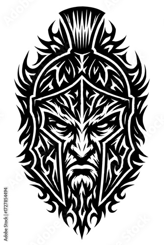 Fierce Tribal Warrior Helmet Art: A Striking Black and White Spartan-Inspired Mask with Intricate Ornamental Details, Perfect for Tattoos, Gaming Logos, and Powerful Symbolic Designs
