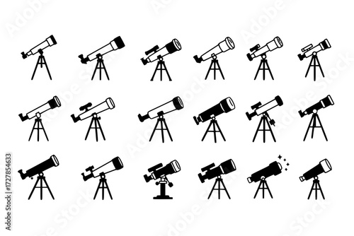 Set of Telescope & Monocular Icons: Vector Format, Observation, Science, Exploration, Astronomy, Discovery, Optics, Education, Space.