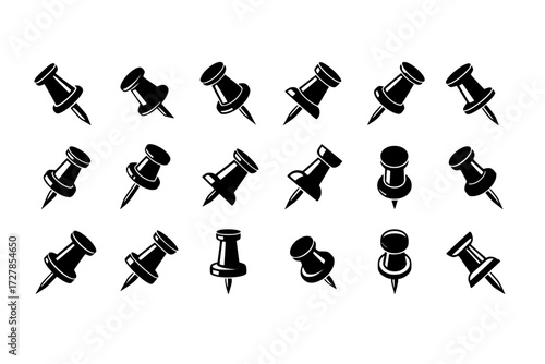 Set of Black Solid Vector Icons: Thumbtacks & Pushpins from Various Angles, Office Supplies, Stationery, Pinboard, Isolated on White.