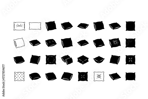 Set of Pillow Icons in Various Styles: Comfort, Sleep, Home Decor, Bedroom, Relaxation, Cushion, Bedding, Cozy, Sweet Dreams.