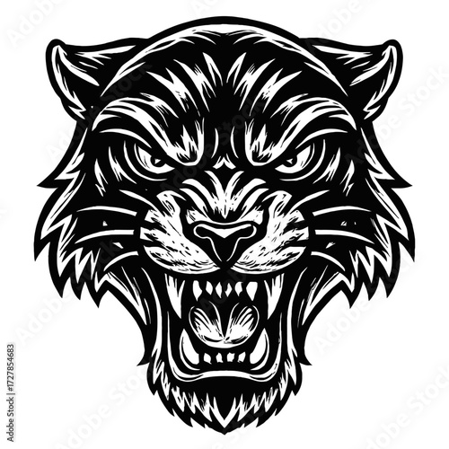 Fierce roaring black panther head, stylized detailed aggressive tiger mascot logo artwork with bared teeth and intense eyes, powerful wild animal tattoo design, striking monochromatic graphic vect