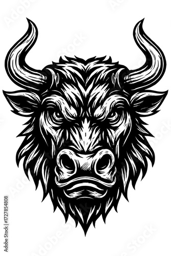 A powerful, fierce, majestic, stylized black and white bull head illustration, featuring formidable curving horns and an intense, determined expression, rendered in intricate engraving style.