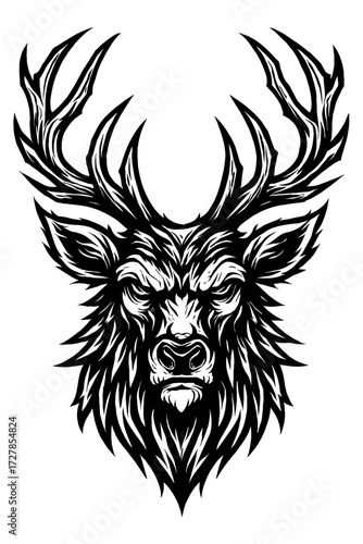 Powerful black and white graphic illustration of a fierce wild stag head, showcasing intricate, majestic antlers. This artwork truly embodies untamed wilderness spirit & raw strength, ideal for bo