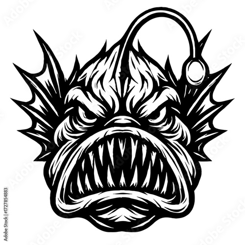 Angry Anglerfish Illustration: Fierce black & white vector art featuring sharp teeth, menacing eyes, spiky fins, and a glowing bioluminescent lure. Deep-sea monster design for tattoo art, aquatic