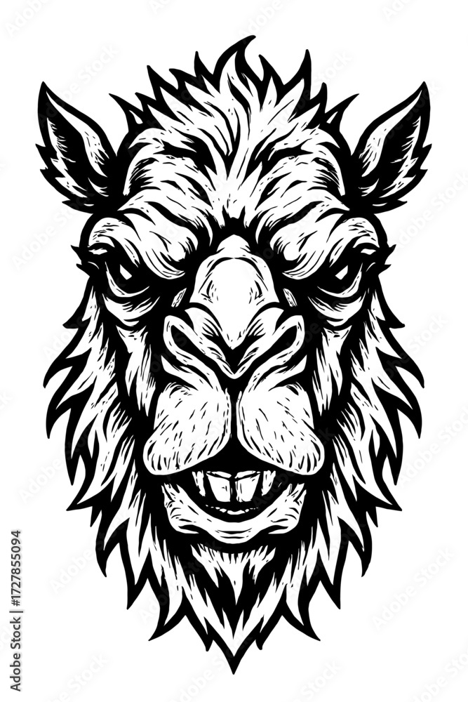 Obraz premium Fierce Wild Boar Head Illustration: A striking black and white woodcut-style graphic, depicting an aggressive beast with detailed fur and an intense gaze, perfect for rustic, vintage, or edgy desi