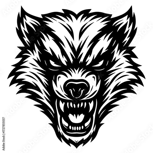Furious Wolf Head Vector Art: Aggressive Apex Predator Illustration, Stylized Canine Graphic for Esports Logos, Sports Mascots, Powerful Animal Tattoo Designs, Wild Nature Themes, Brand Identity.