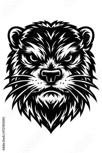 Powerful black and white graphic art of a fierce, stylized wild wolverine or badger head. Intense eyes, sharp fur create an aggressive, formidable design. Ideal for esports mascots, sports logos,