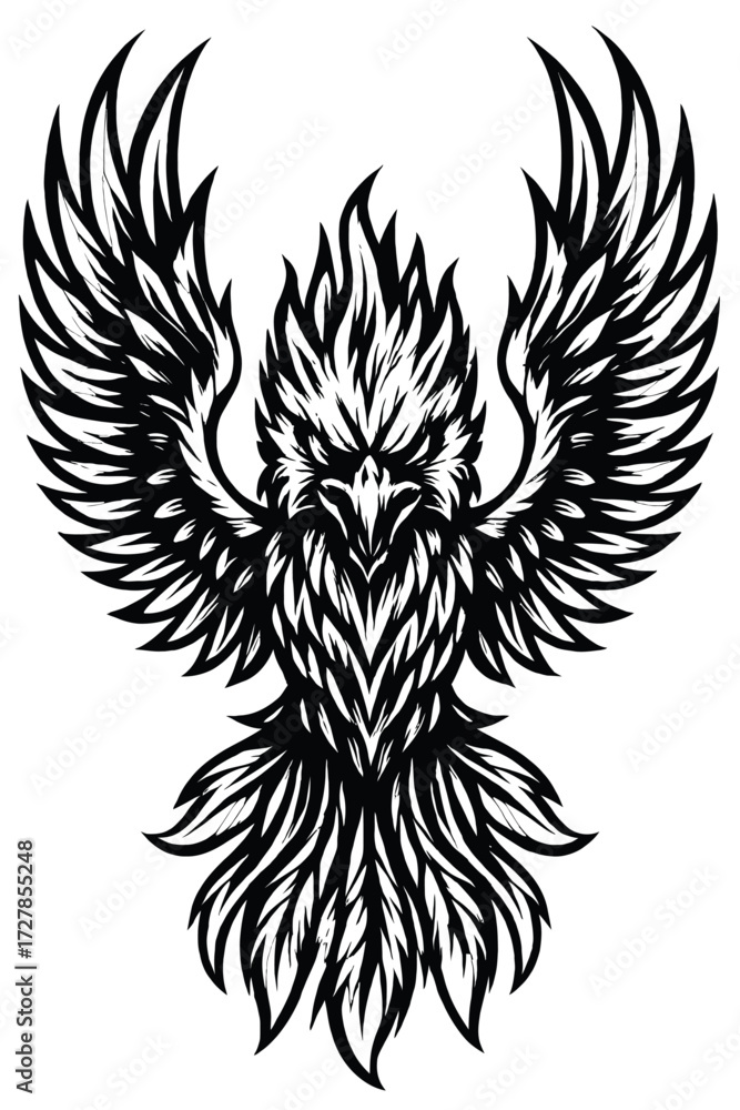 Obraz premium Majestic Black and White Phoenix or Eagle with Outspread Wings, a Fierce Mythical Firebird Tribal Tattoo Design, Ideal for Bold Logos, Stencils, and Powerful Avian Digital Art Graphics, Embodying