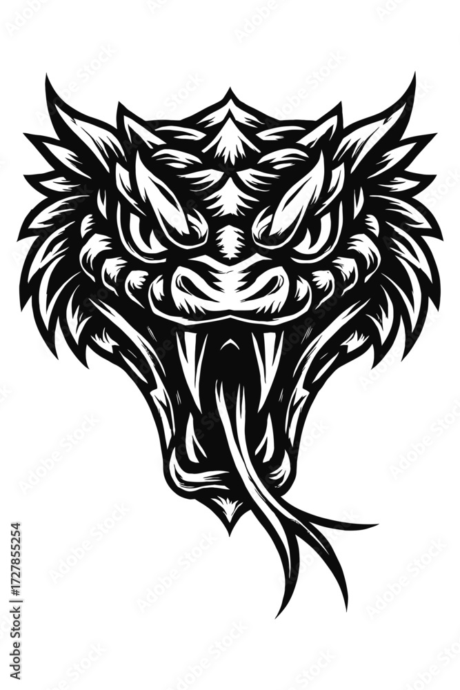Fototapeta premium Fierce Black and White Stylized Snake Head Illustration with Menacing Fangs and Striking Tongue. Ideal for Dynamic Tattoo Designs, Gaming Logos, Powerful Graphic Art, Aggressive Reptilian Aestheti