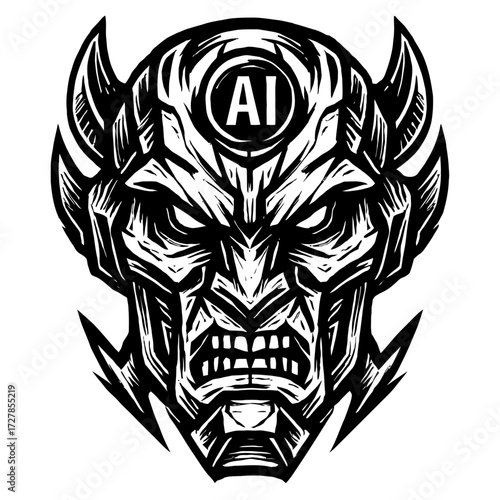 A menacing, cyberpunk AI robot monster head logo, featuring sharp angles, bared teeth, glowing eyes, and a formidable expression, embodying digital threat and future tech dominance in a bold, blac