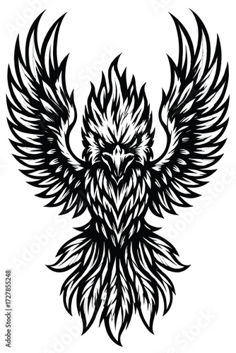 Majestic Black and White Phoenix or Eagle with Outspread Wings, a Fierce Mythical Firebird Tribal Tattoo Design, Ideal for Bold Logos, Stencils, and Powerful Avian Digital Art Graphics, Embodying