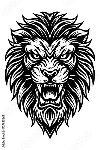 Fierce Roaring Lion Head Vector Art Design: Majestic Black and White Stylized Graphic with Aggressive Expression and Detailed Mane, Perfect for T-shirt, Logo, Tattoo, Mascot, and Emblem Artwork fo