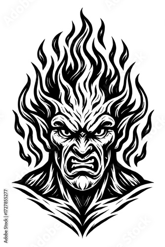 Intensely Raging Demonic Fiery Face Illustration with Flames Bursting from Head, Fierce Black and White Detailed Vector Art, Aggressive Mythical Creature, Powerful Esoteric Symbolisms, Menacing Ex