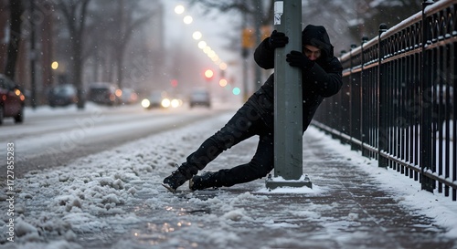 Man bracing against pole while struggling in heavy snowfall outdoors. a person slipping on icy sidewalk while holding onto a metal lamppost
