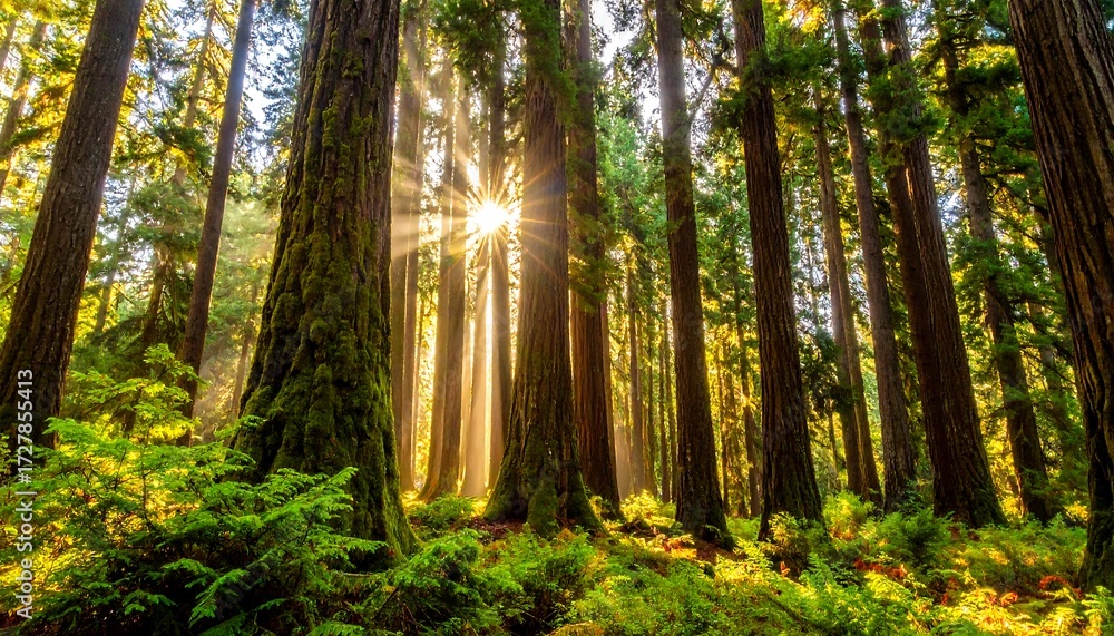 Obraz premium Sunlight piercing forest canopy