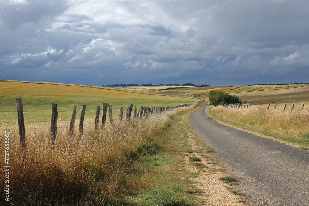 Fototapeta premium Country road winding through open fields under cloudy sky