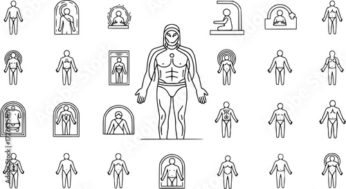 Set of human body scan visualization outline vector icons
