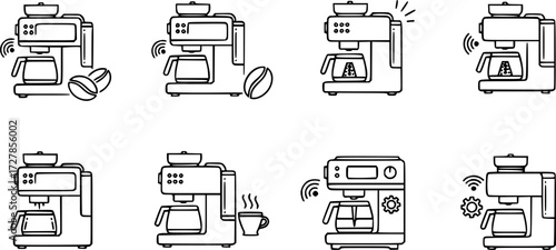 Set of smart coffee maker with grinder outline vector icons
