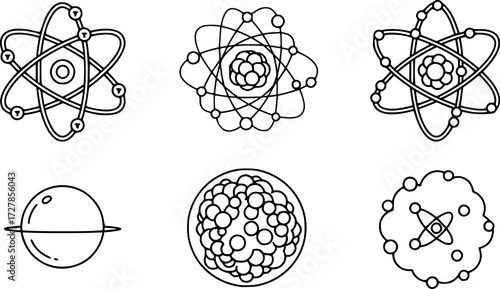 Set of atom model outline vector icons
