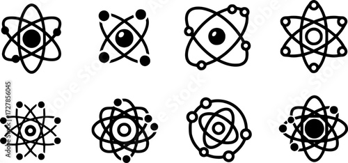 Set of atom model outline vector icons
