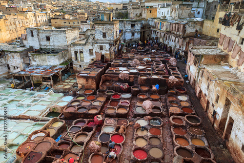Картината върху платно Many colored vats of chemicals at a leather tannery in Fez