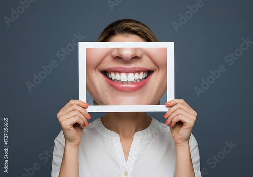 Woman Holding Photo Frame Showing Perfect Smile, highlighting Dental Health