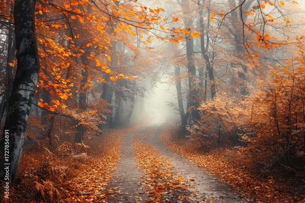 Fototapeta premium Ethereal Light Pierces Morning Fog on a Vibrant, Leaf-Strewn Autumn Forest Path.