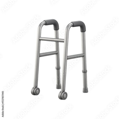 Silver medical walker with wheels and grey grips isolated on transparent background