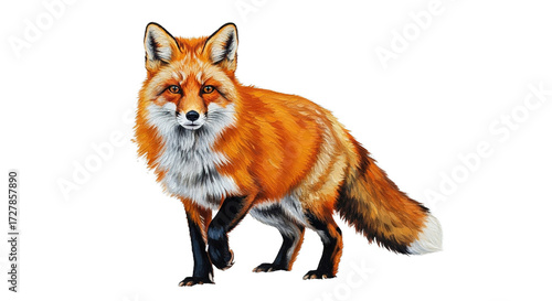 Fototapeta Naklejka Na Ścianę i Meble -  Orange fox stands on white snow looking at the viewer.