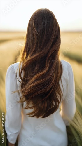 Womans long brown hair in a field