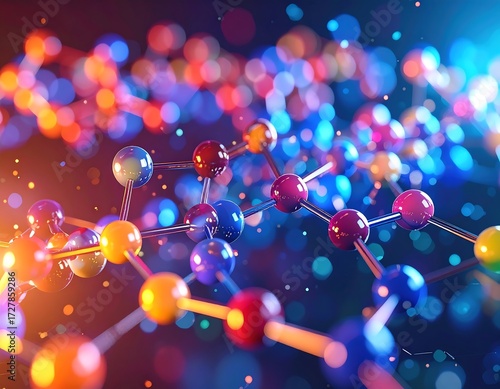 Colorful abstract molecular structure with glowing particles