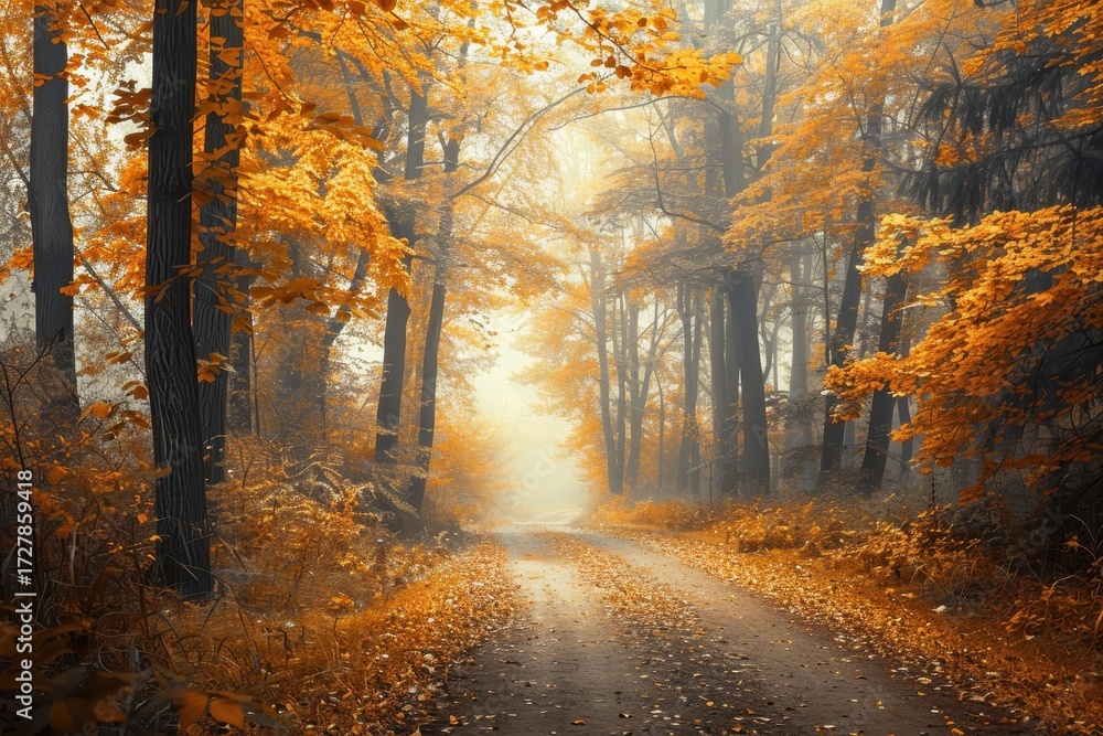 Obraz premium Golden Autumn Forest Path Bathed in Ethereal Sunlight, Misty Haze, and Vibrant Foliage.