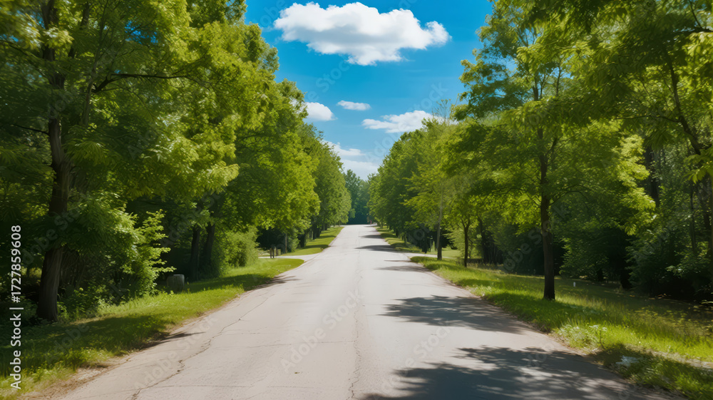 Fototapeta premium Summer Tree-lined Highway, Green and Natural Scenery Background