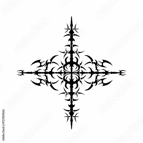 Tribal cross symmetrical vector design with sharp black details, bold gothic style ornament 