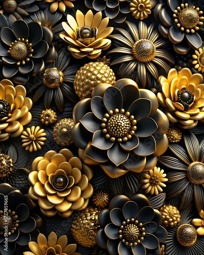 Close-up of black and gold metallic flowers and seed pods