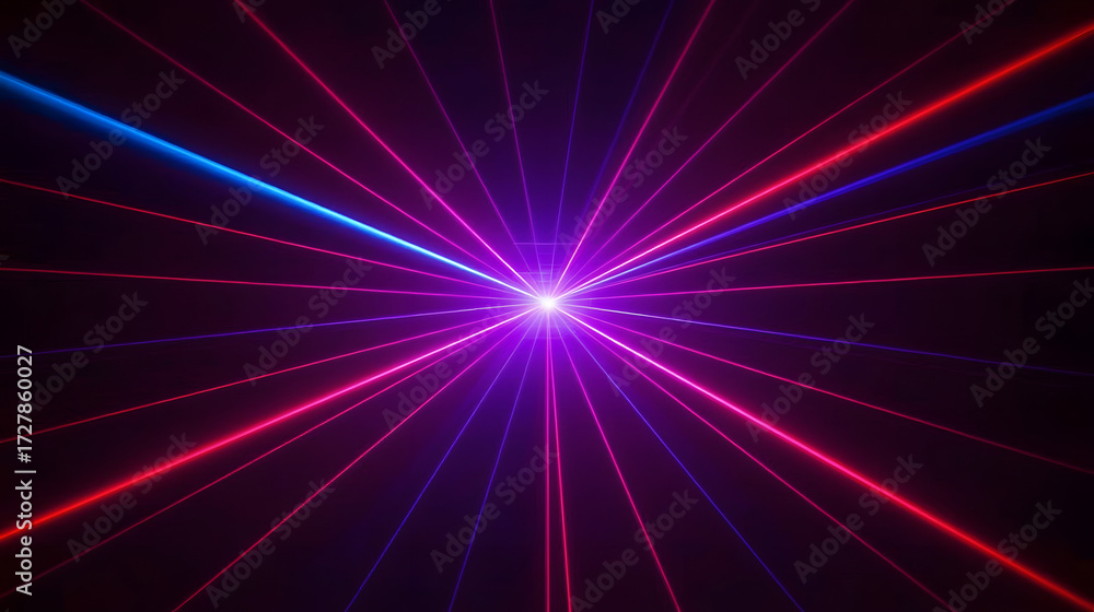 Obraz premium Laser light Abstract: Vivid laser beams of red, blue, and purple converge at a central point, creating a dynamic display of light and energy, symbolizing innovation and technological advancement.