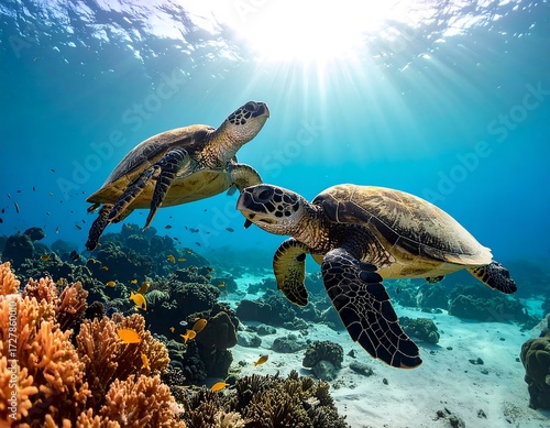 Two turtles swim amongst vibrant coral reefs in sunlit ocean depths