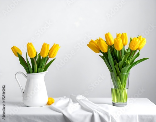 Two vases of yellow tulips on a white table