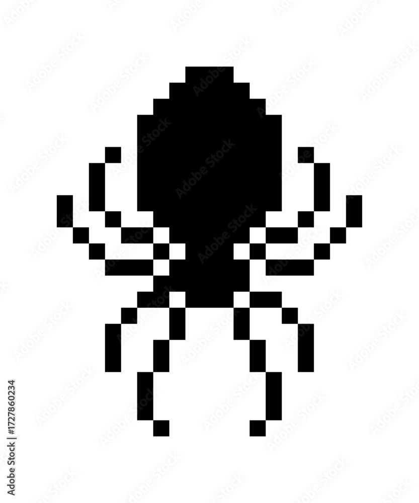 Obraz premium Pixel art spider icon. small animal sticker cartoon monochrome retro style.
