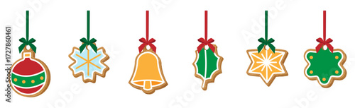 Gingerbread cookies hanging on red ribbons with bows. Vector illustration isolated on white background.